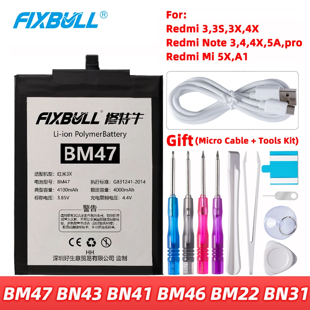 Батарея для телефона FIXBULL BM47 BN43 BN41 BM46 BM22 BN31, сменная батарея для Xiaomi Redmi 3 3S 3X 4X Note 3 4 4X 5A Pro Mi 5 5X