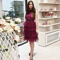 elegant burgundy knee lenth prom dress 2021 short o neck tired sleeveless formal homecoming gowns special occasion gowns
