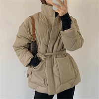 winter thick cotton padded coats women single breasted zippers lace up female parkas stand collar female jackets warm lined coat