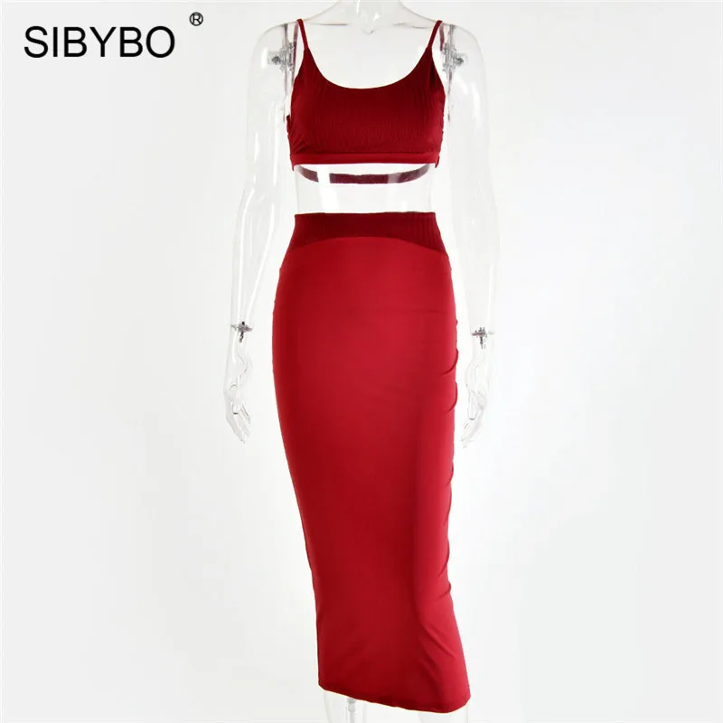 Бургундия Sibybo Backless Ribbed Sexy Two Piece Set Dress Women Sleeveless Bandage Summer Bodycon Dress High Waist Beach Club Party Dress - Цвет: Бургундия