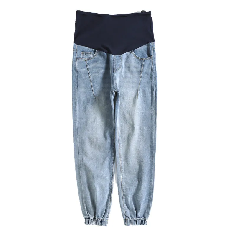 

1818# Spring Autumn Washed Denim Maternity Jogger Jeans Elastic Waist Belly Pants for Pregnant Women Wide Leg Casual Loose