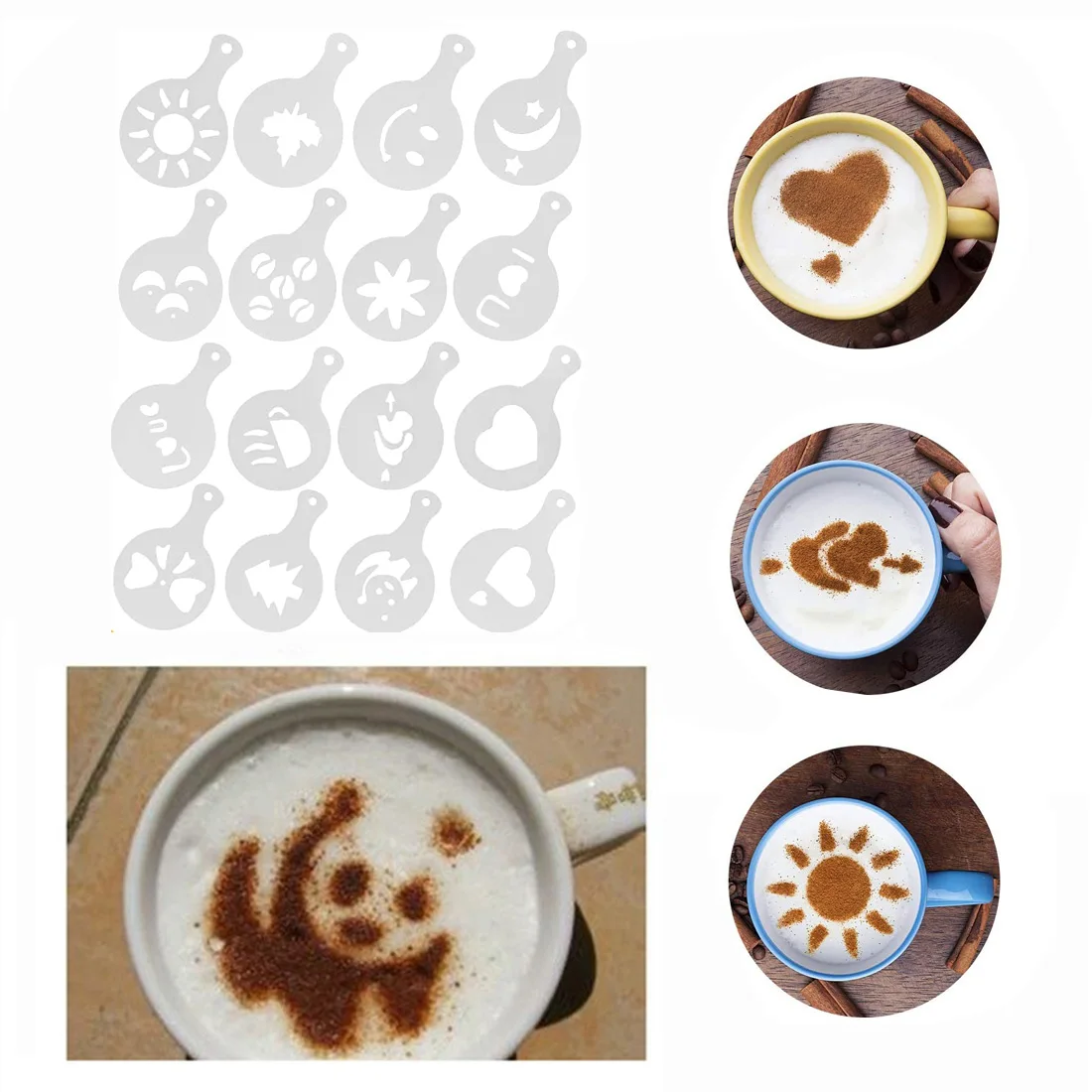 

16Pcs Coffee Printing Model Cappuccino Coffee Stencils Template Chocolate Shaker Cocoa Flour Spray Straw Flower Pad Coffee Tools