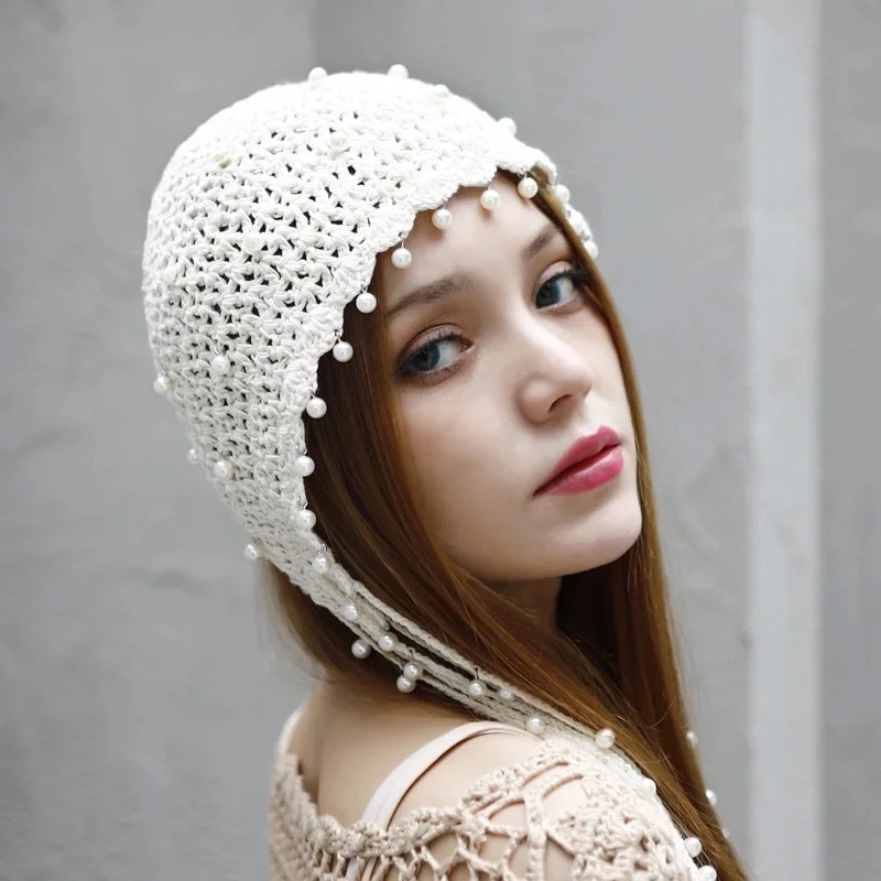 

Handmade Crochet Lace Pearl Skull Beanies Hat For Women Spring and Summer Lady Knitted Hat Foldable Fisherman Girl Bucket Cap