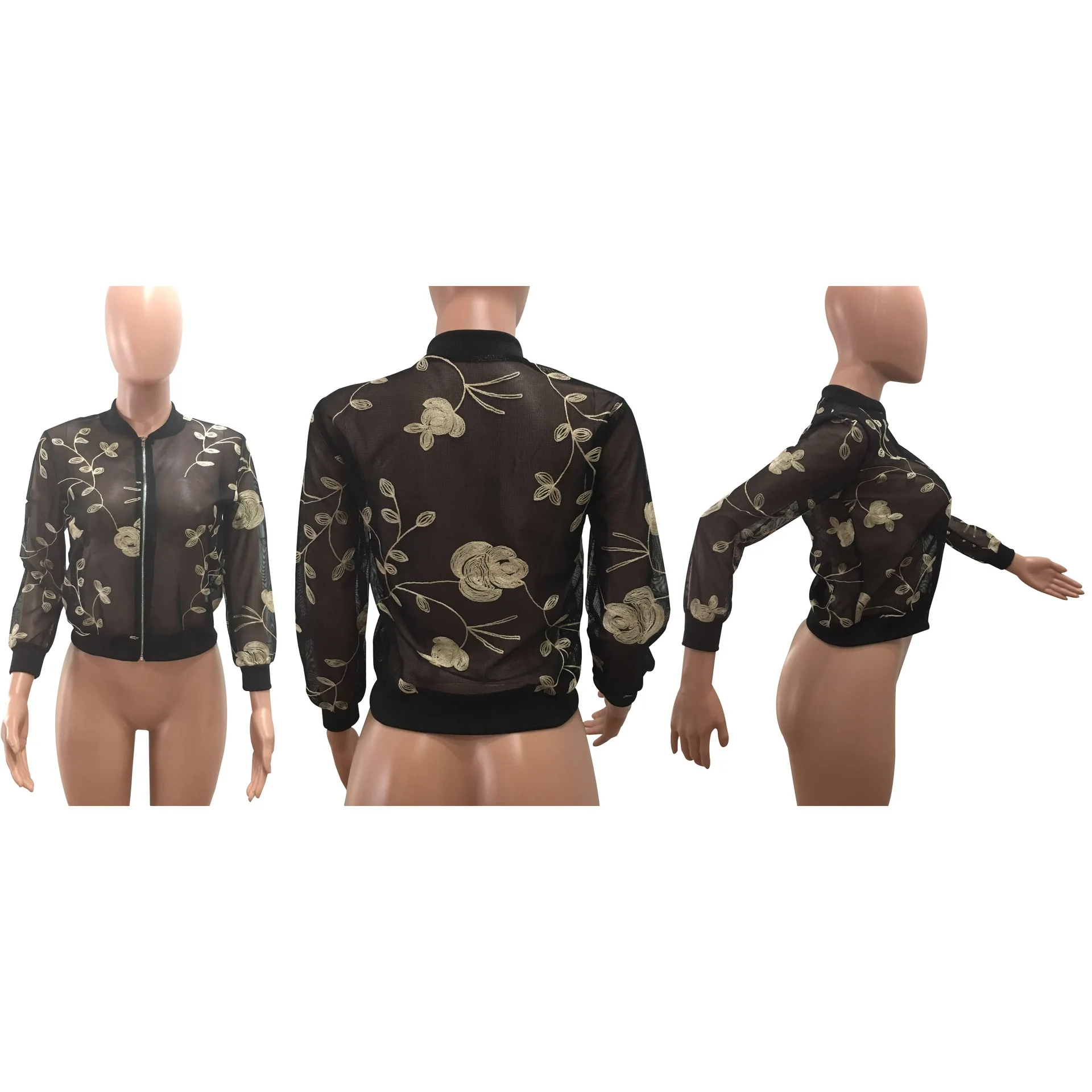 

7DN8018 Autumn Winter Women Fashion Sexy Net Yarn Perspective Embroidered Coat