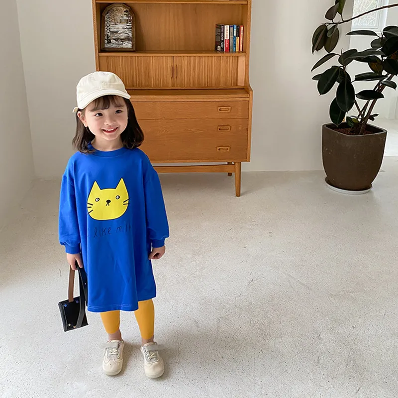 

Girls dress 2021 spring new simple medium-length long-sleeved cartoon children's clothing 2-7 years old