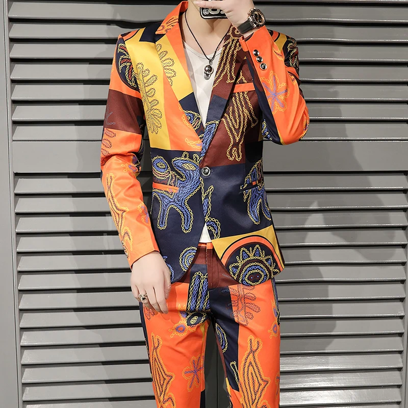 

Blue Men Autumn Two-Piece Set Slim Fit Male Flower Blazer Coat with Pant Fashion Retro Male Clothing Yellow Black 3XL
