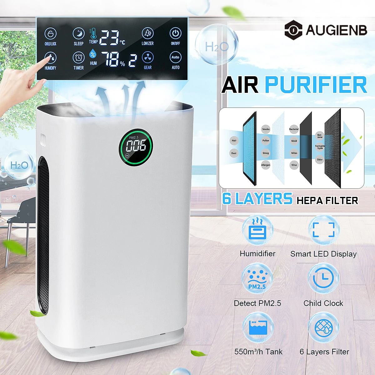 

AUGIENB G08 Air Purifier Fresh Air Cleaner Humidifier HEPA Filter Allergies Eliminator Negative ion for PM2.5 Dust Pollen Hair