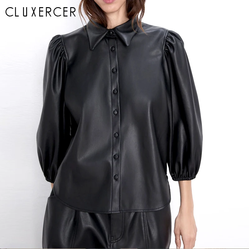 Модные женские блузки новинка 2019 из искусственной кожи с пышными рукавами и