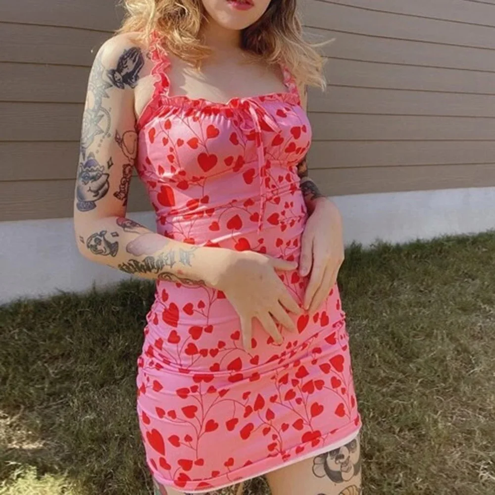 

Western Style Dress Spring Summer New Fashion Sexy Tight Simple Hot Sale Love Printing Square Collar Bag Hip Dress