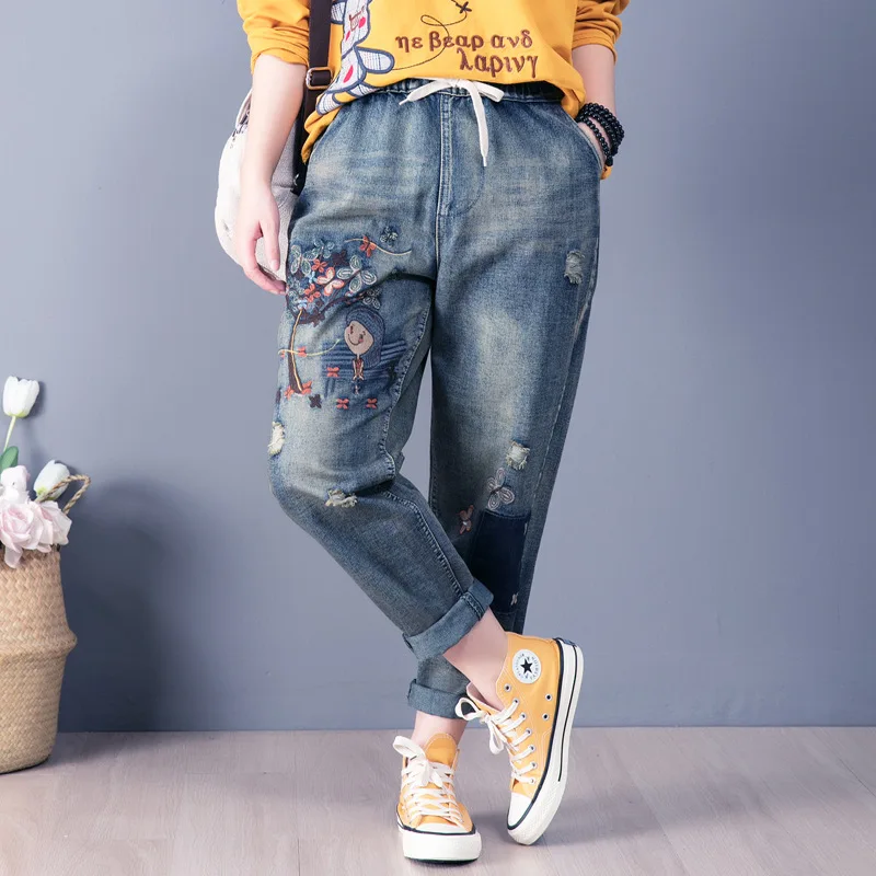 

Women Spring Summer Fashion Korea Style Vintage Girl Under Tree Embroidery Oversize Ankle Length Lady Female Loose Harem Pants