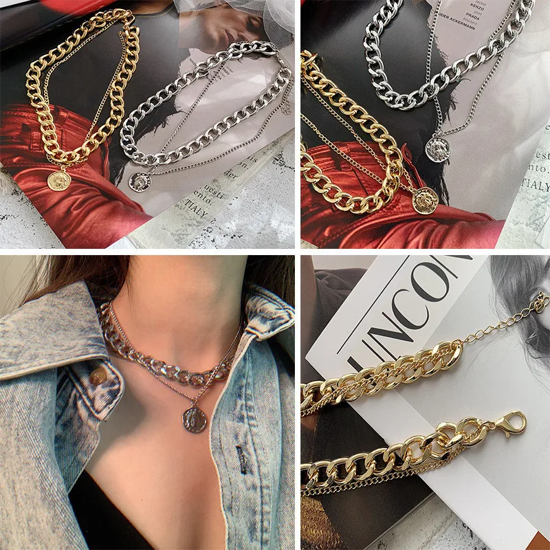 

Retro Portrait Exaggerated Thick Chain Necklace Double Layer Cool Chain Hip Hop Necklace Short Clavicle Chain Accessories