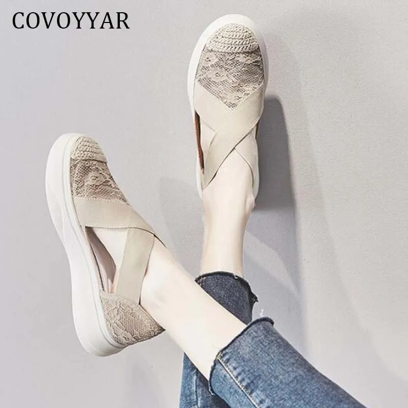 

Женские винтажные Лоферы COVOYYAR, на платформе, с перекрестной шнуровкой и эластичными лентами, повседневные босоножки на плоской подошве, ...