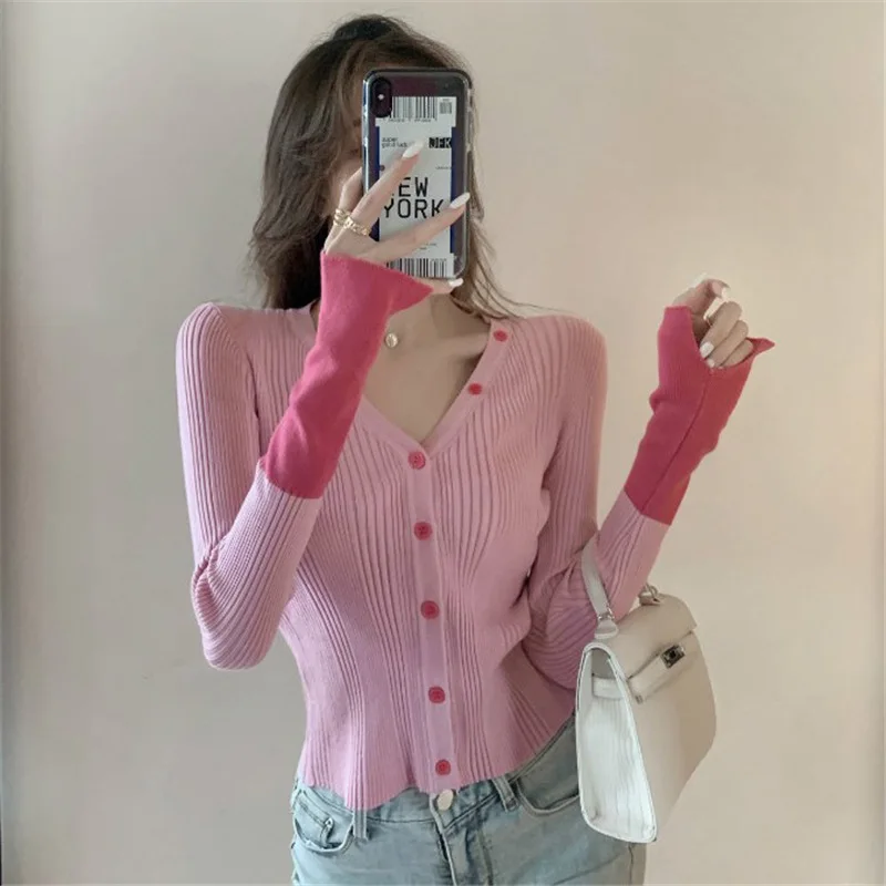 

HLBCBG Contrast Color Stitching Irregular Thin Section Knitted Stretch Cardigan Ladies Spring Autumn New Fashion Slim Fit Top