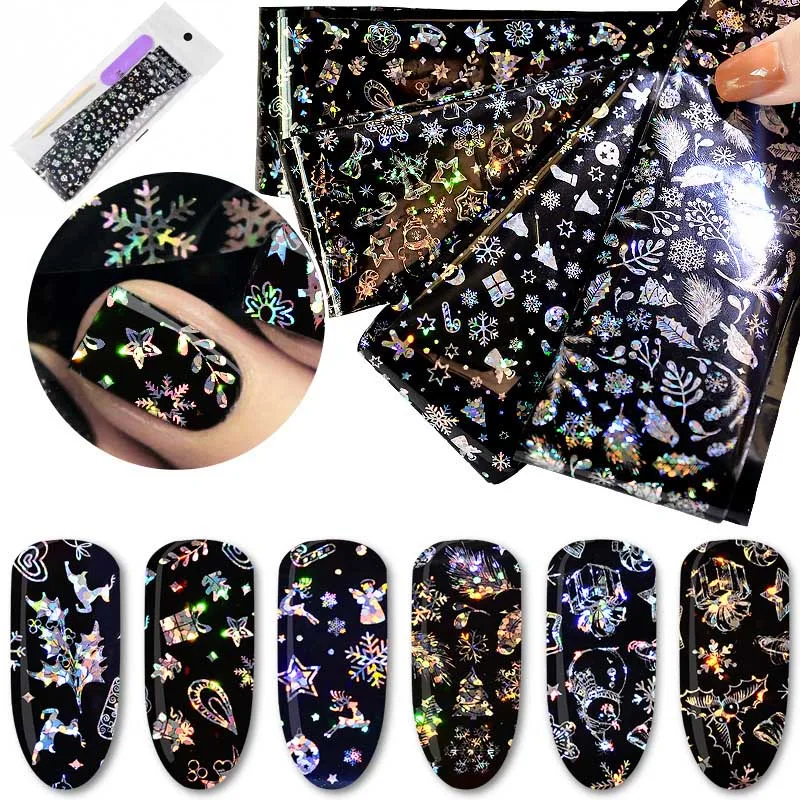 Металлические рождественские украшения для ногтей снежинка фольга наклейки
