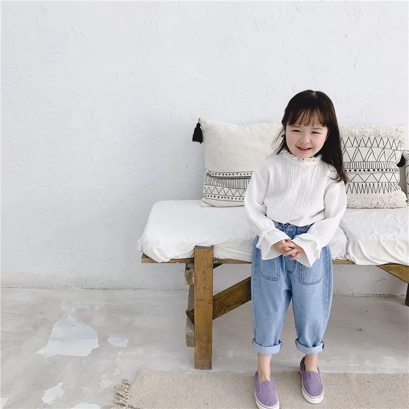 Весна-Осень 2020 Новое поступление модные однотонные джинсы в Корейском стиле с