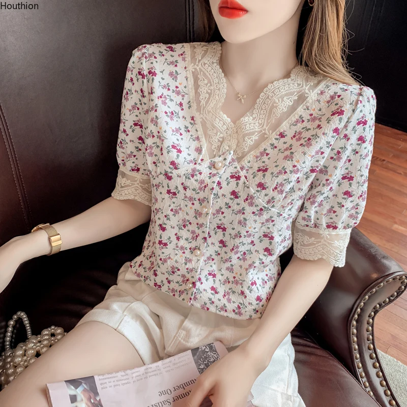 

Women's Blouses Chiffon V-neck Shirt Slim Shirts Print Fashion Top Lady Floral Casual Blouse Short Sleeve Tops Buttons Houthion