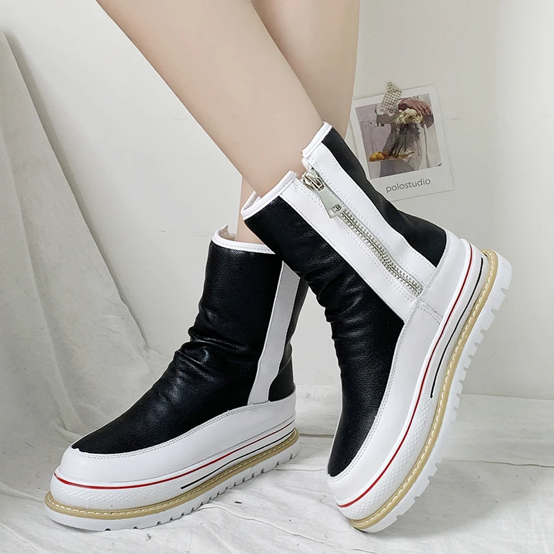 Rimocy Chunky Platform Mid Calf Boots Women Silver Pu Leather Waterproof Shoes Woman Fashion Mixed Color Zipper Mujer |