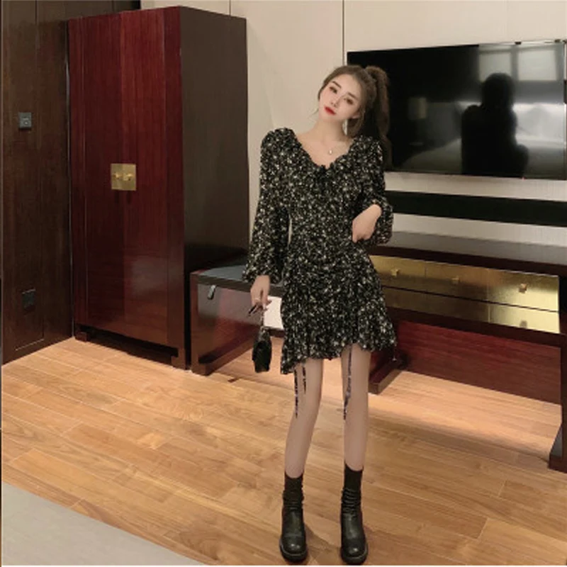 

Floral Pleated Mini Dress Boho Chic Korean Style Collect Waist Drawstring Ruffle Collar Autumn 2020 Dress For Women