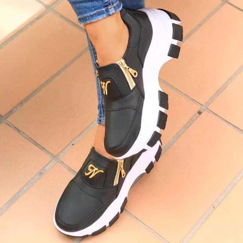 

2021 Sneakers Women Vulcanize Shoes Outdoor Zipper Slip On Ladies Thick Bottom Solid Female Casual Shoes for Women Sneakers