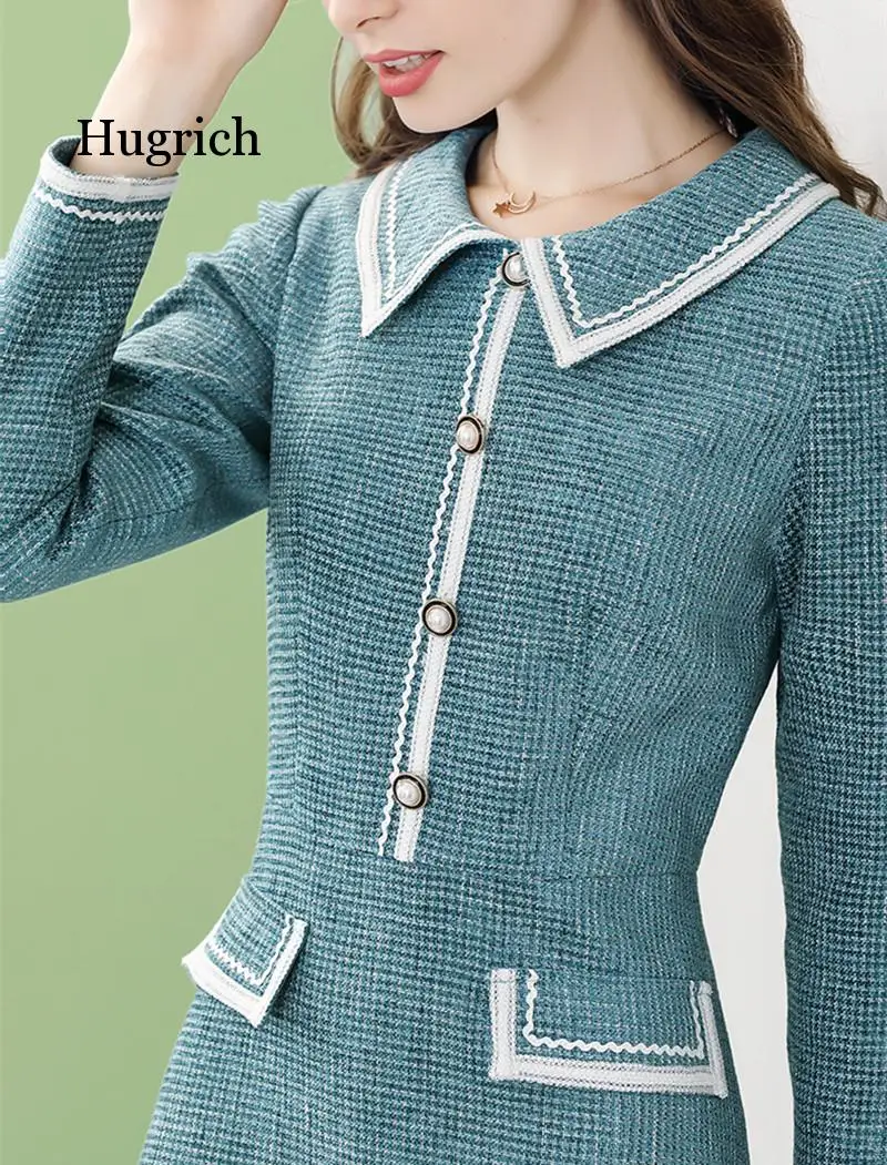 

2020 Runway Designers Fashion Doll Collar Blue Tweed Woolen Dress Autumn Winter Woman Clothes Casual A-Line Vestidos