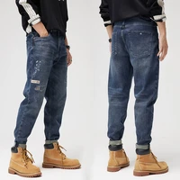 street fashion men jeans retro blue elastic loose fit ripped jeans men vintage designer hip hop wide leg denim splashed pants