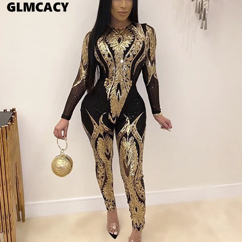 Женский черный комбинезон с блестками блестящие облегающие комбинезоны длинным