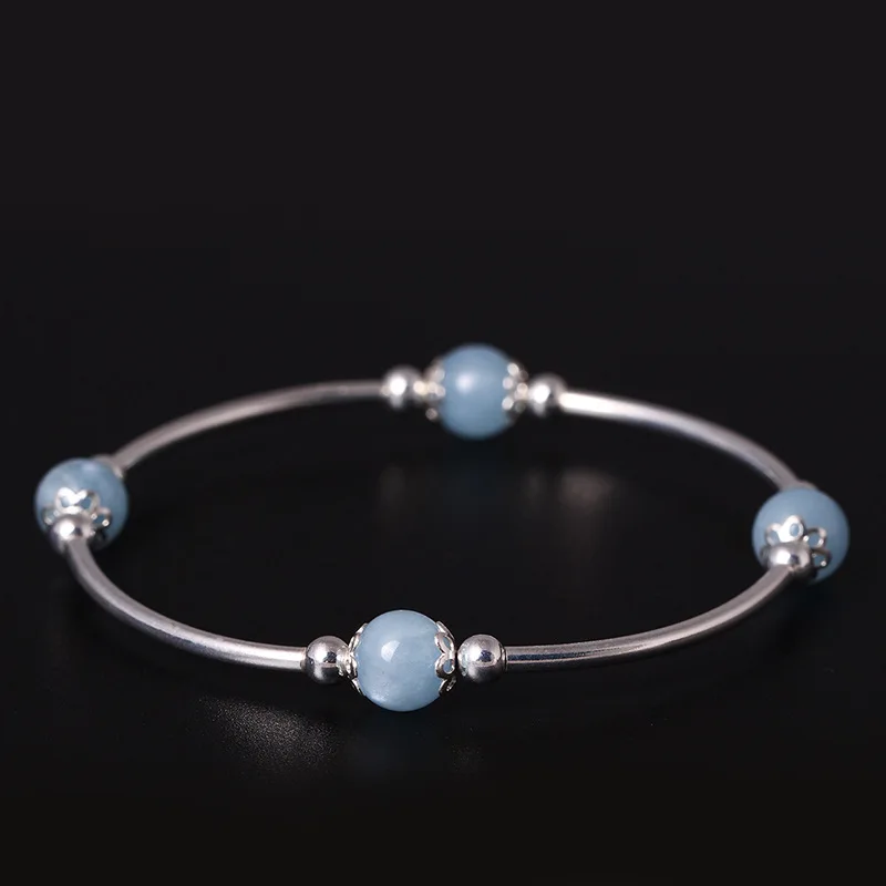 

S925 Sterling Silver Bracelet for Women Strawberry Quartz Aquamarine Beads Bangles Romantic Handmade Vintage Decoration Jewelry