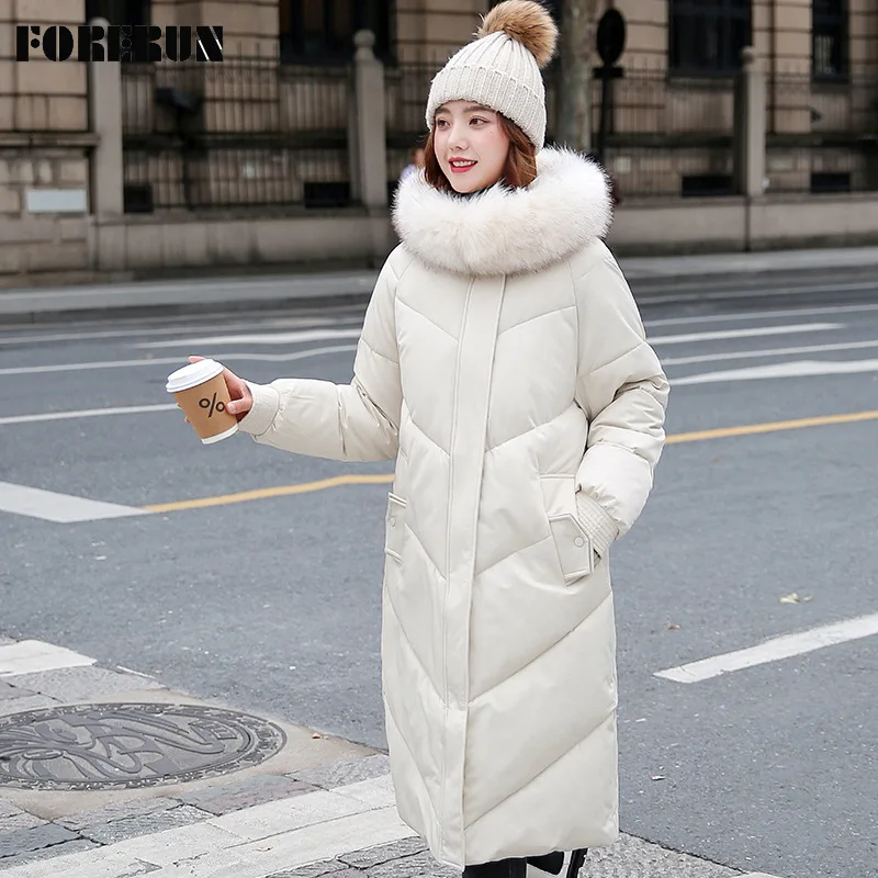FORERUN длинная куртка-пуховик Женская однотонная Меховая куртка с капюшоном и