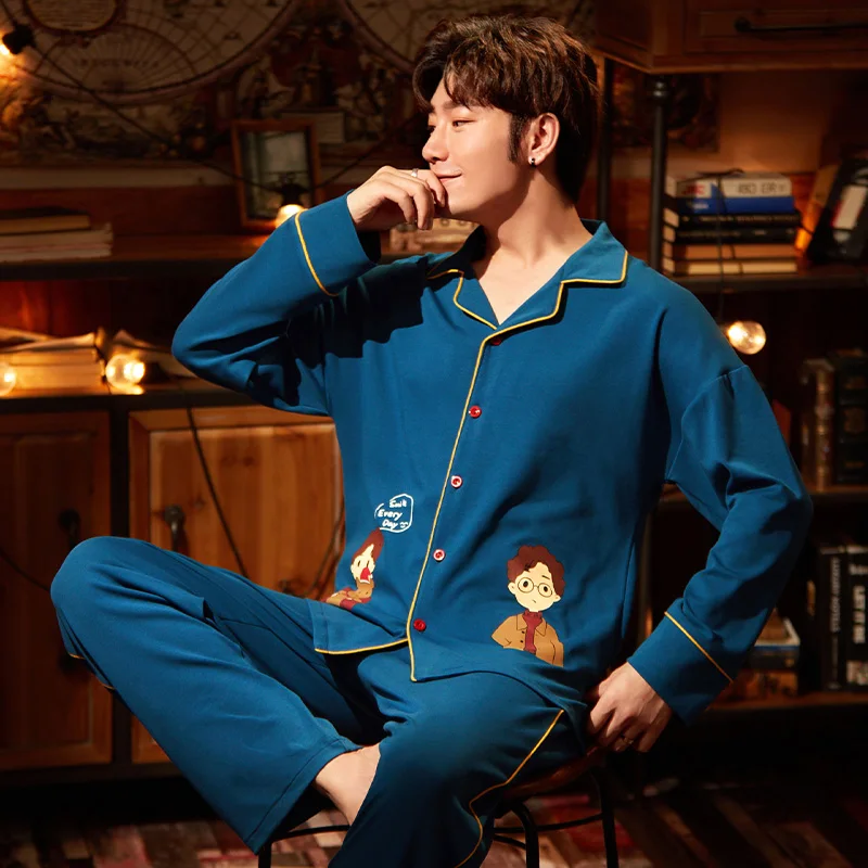 Pure Cotton New Autumn Winter Couple Pajamas Sets Cardigan Korean Style Sweet Cartoon Home Sleep Lover Pyjamas For Women Or Men | Мужская
