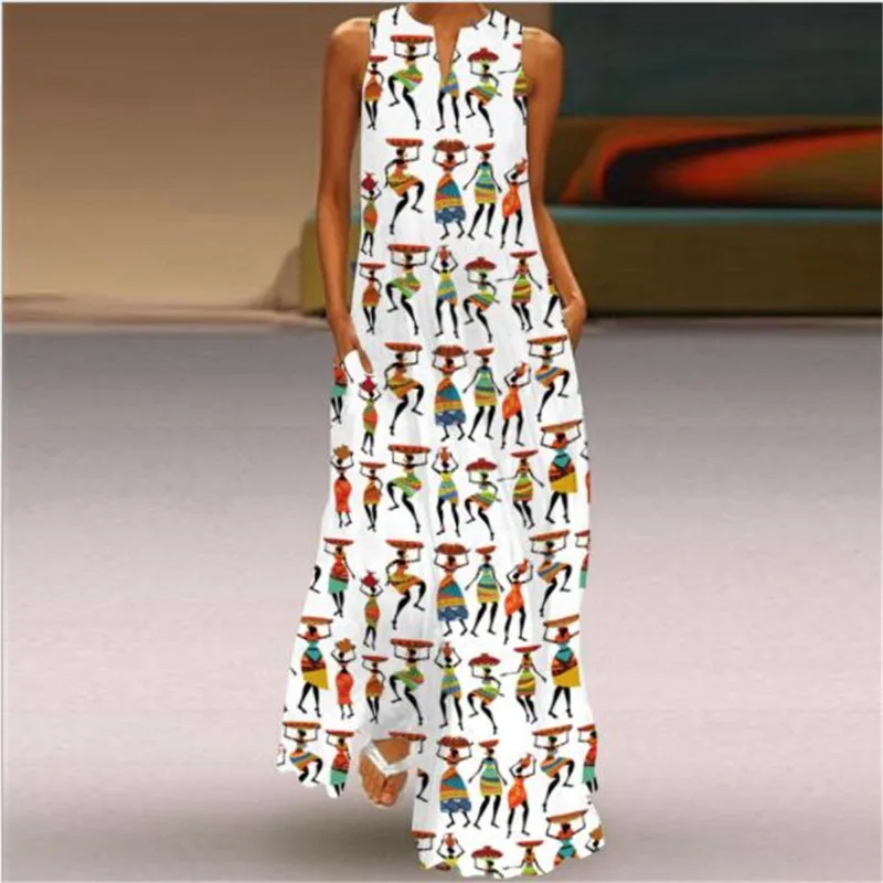 

2021 new summer women's sleeveless long skirt V-neck print nightclub beach dress New sexy elegant dress Luxury evening dress