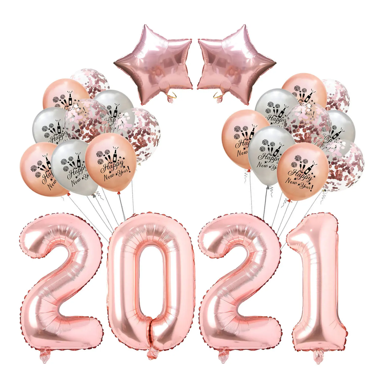 

2021 Fashion Rose Gold Happy New Year Set Aluminum Film Air Balloon Black Gold Series New Year Party Decoration Supplies