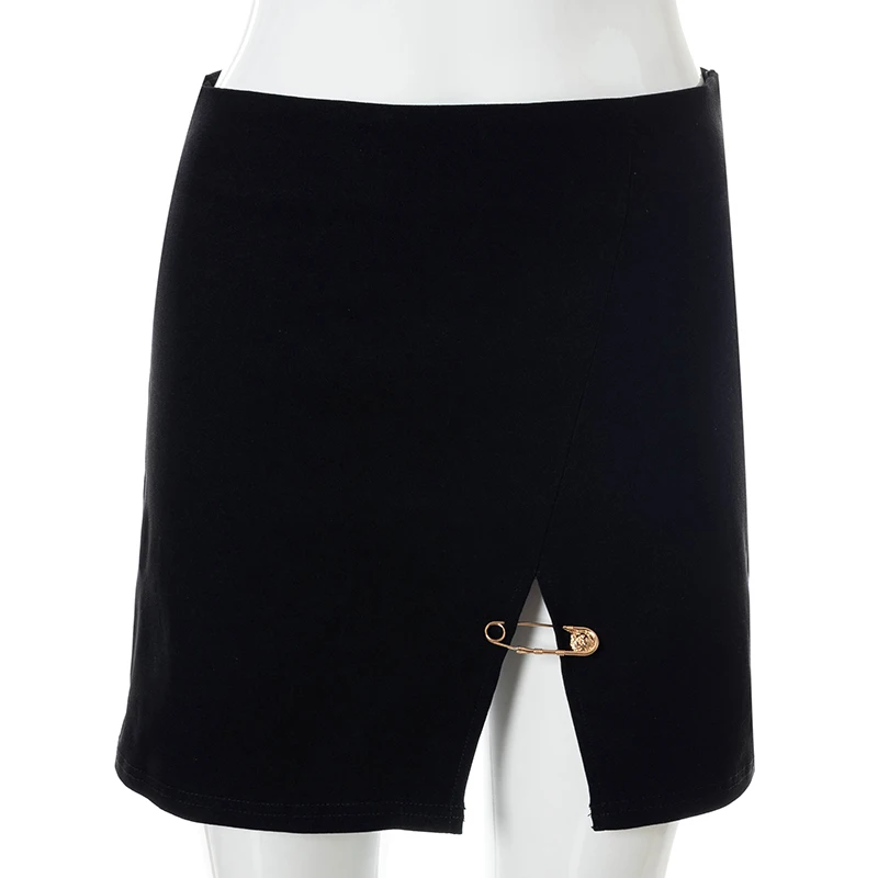 

Women Side Slit Pin Bodycon Mini Skirt Solid Simple Sexy Leisure Chic Office Ladies Elegant All-match Korean Style Slim Skirts