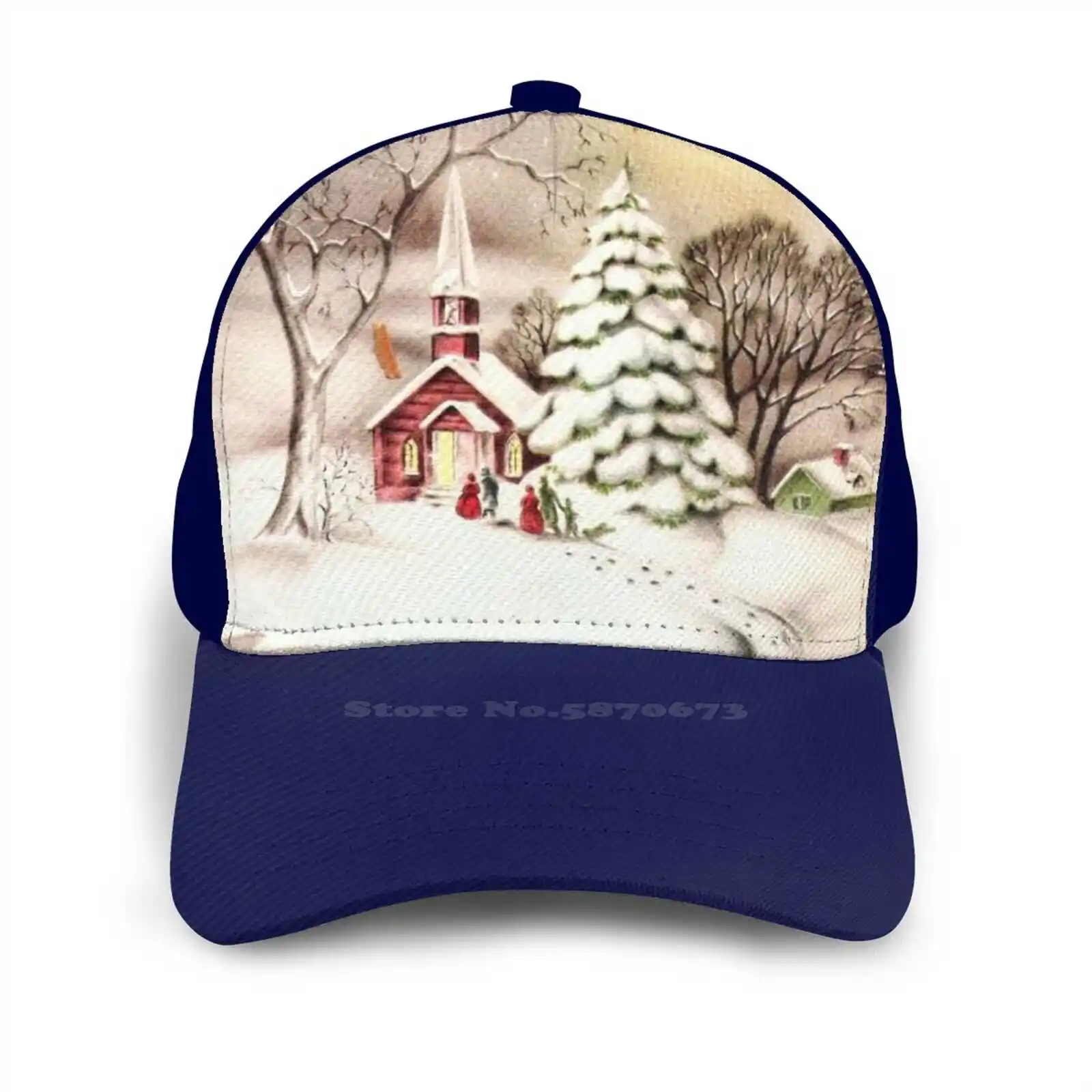 

Vintage Christmas Church Snow Hip Hop Fashion Hat Cap Vintage Christmas Church Snow Snow Covered Trees Pine Trees Holiday