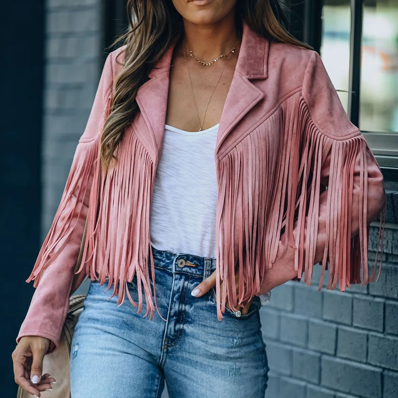 

2021 Faux Suede Jacket Women's Motorcycle Lapel Handsome Jacket Fall 2020 Ladies Solid Fringed Short Coat Women Jackets