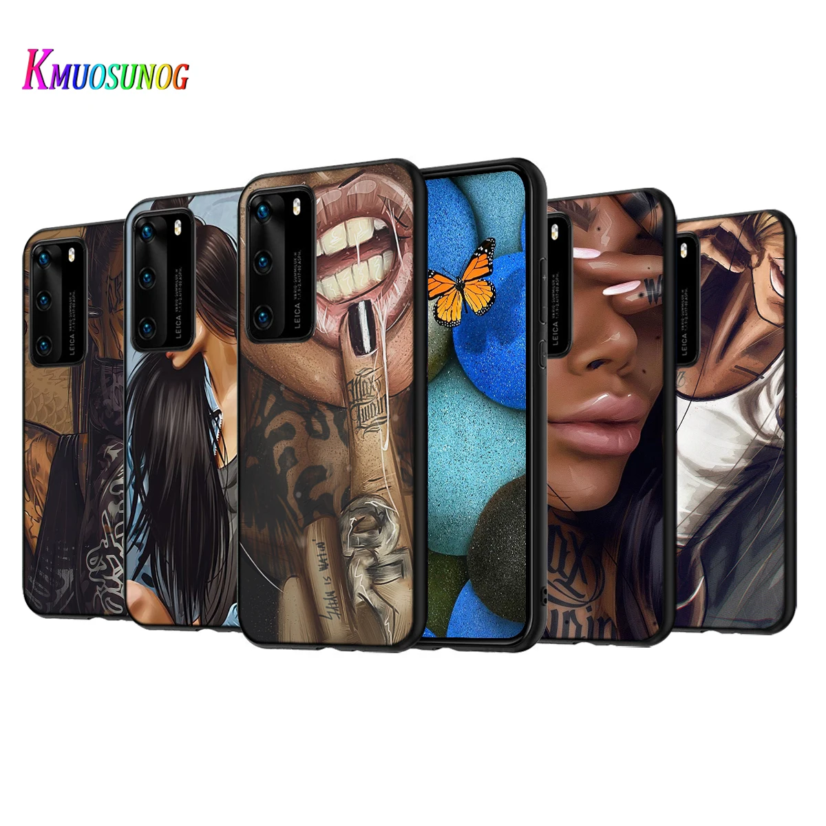 

Sexy Sleeve Tattoo Girl Silicone Cover For Huawei P50 P40 P30 P20 Pro P10 P9 F8 Lite E Plus 2016 5G Black TPU Phone Case
