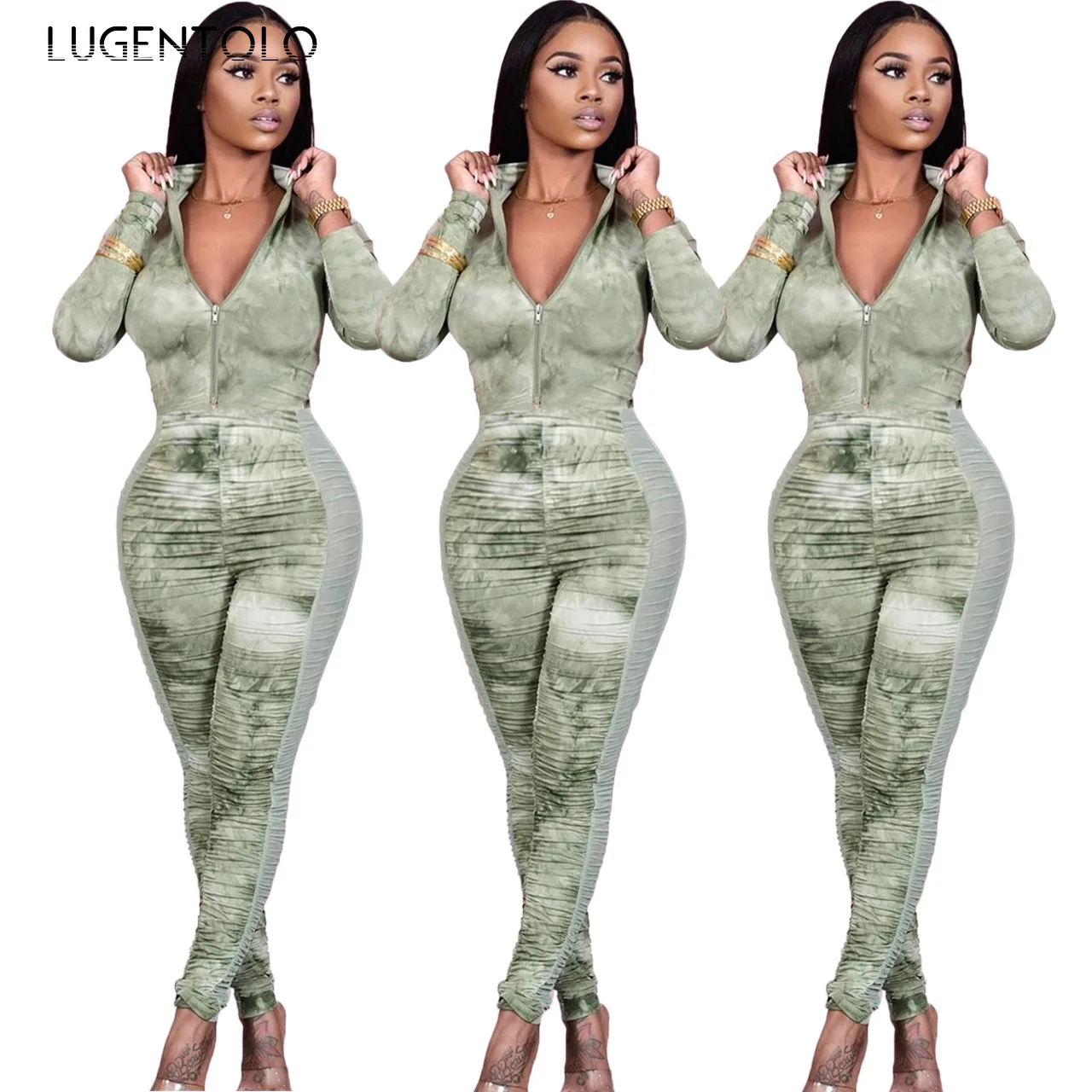 

Lugentolo Women Jumpsuit Sexy Zipper Tight Pleated Mesh Stitching Print Lady Slim Fashion Casual Jumpsuits