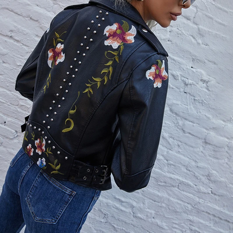 

Spring Autumn Floral Print Embroidery Faux Leather Jacket Women High Street Motorcycle Black Punk Outerwear Biker Jacket