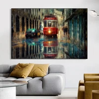 large retro tram rain city street oil painting graphic artwork canvas poster and print wall art pictures for cuadros living room