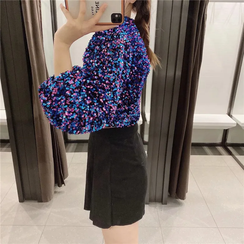 

PSEEWE Za Blue Sequin Crop Top Women 2020 Fall Sparkly Glitter Elegant Puff Long Sleeve Blouse Woman Vintage Backless Sexy Top