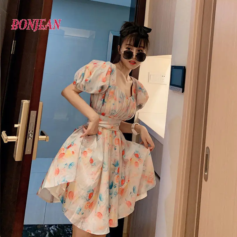 

2021 NEW Rainbow Raindrops Floral Puff Sleeve Dress High Waist Mini Sleeve Hobo Vintage Dress Women Clothing