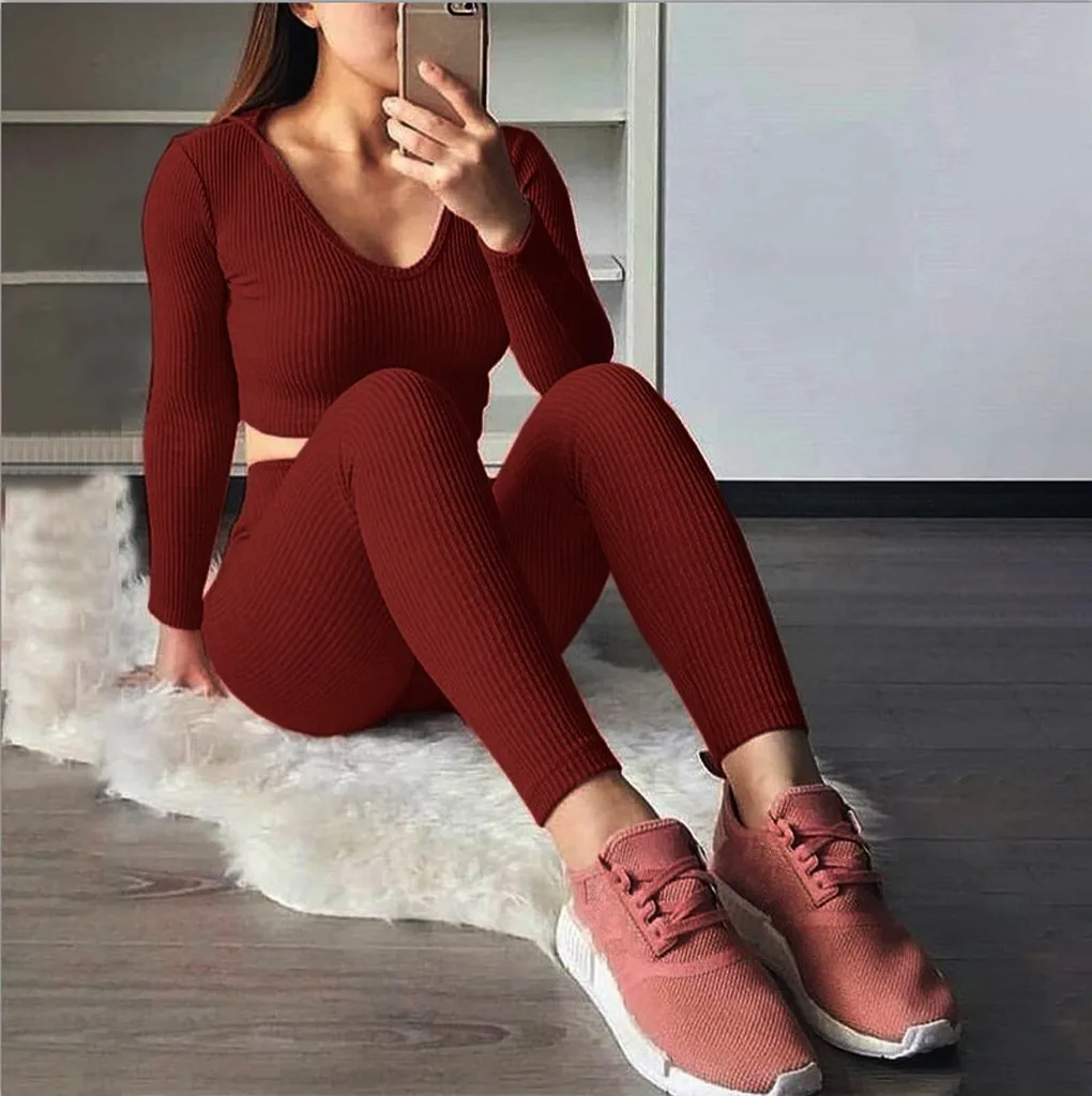 Модный женский спортивный костюм из 2 предметов однотонные Короткие топы с