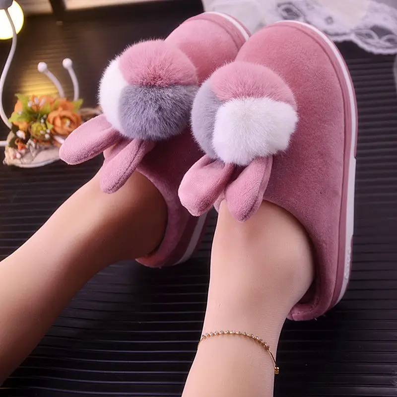 

Rhinestone Pearl Slippers 2020 Women Cute Plush Cat Slippers Winter Indoor Mules Shoes Women's Fluffy Bedroom Slippers Platform