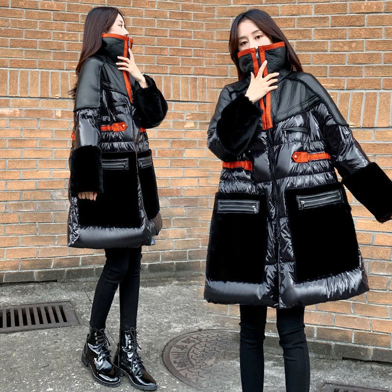 2021 New Winter Fashion Women Medium Long Splicing Contrast Black Bright White Down Coat Duck Ladies Puffer Jackets Harajuku