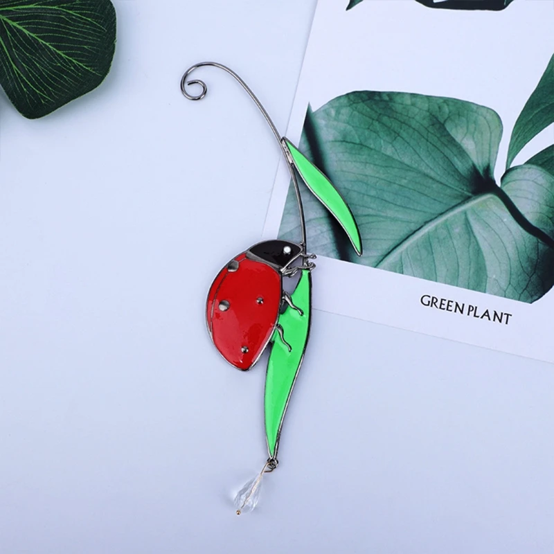 

Cartoon Ladybug Leaves Window Hanging Pendant with Hook Enamel Metal Ornament Outdoor Spring Home Wall Decoration