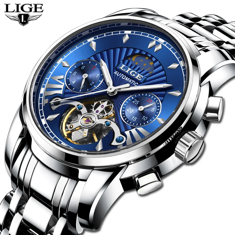 LIGE Роскошные автоматические механические мужские часы Классические деловые