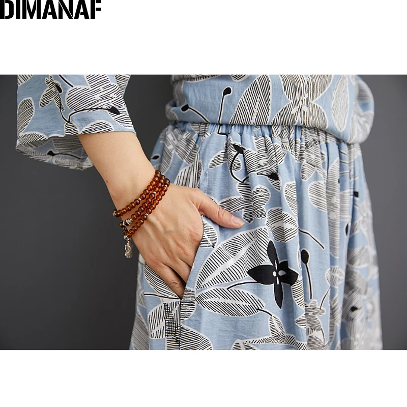 DIMANAF-Conjunto de dos piezas de talla grande para mujer, ropa con estampado de vinilo, Tops, camisa, pantalones sueltos de lino, traje de verano