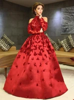 luxury red evening dresses 2020 high neck long sleeves appliques beaded satin ball gown celebrity dresses formal prom dress