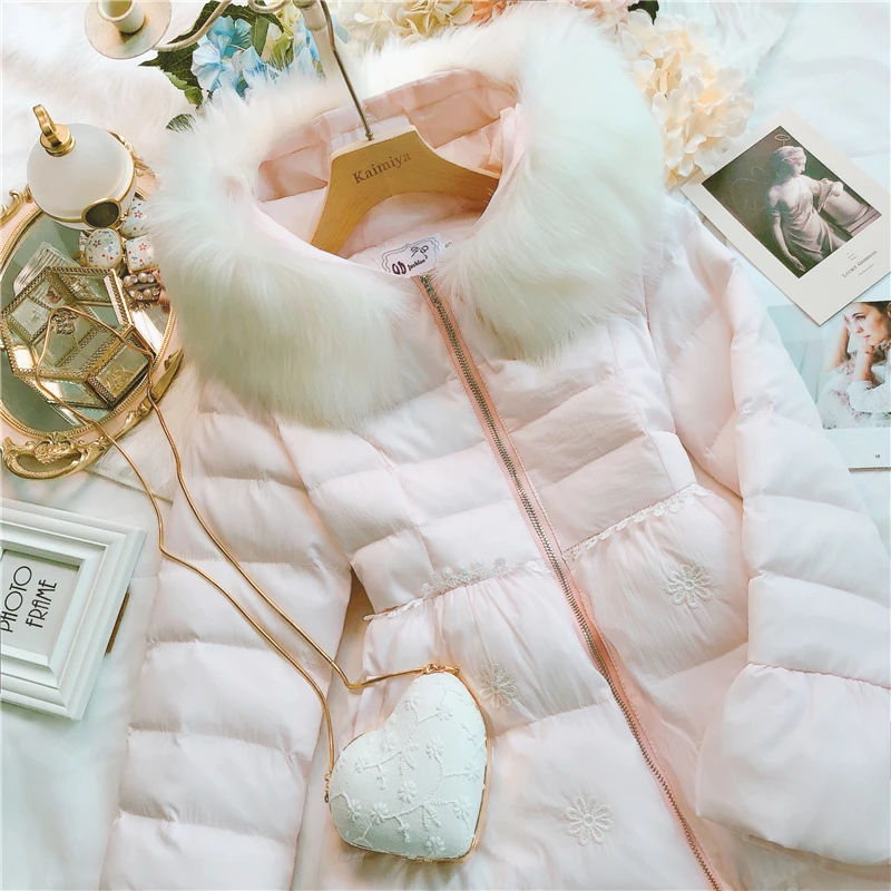 

Winter Cotton Attire Women Japanese Sweet Embroidery Floral Slim Waist Fur Collar Hood Keep Warm Mid-length Jacket Girl Overcoat