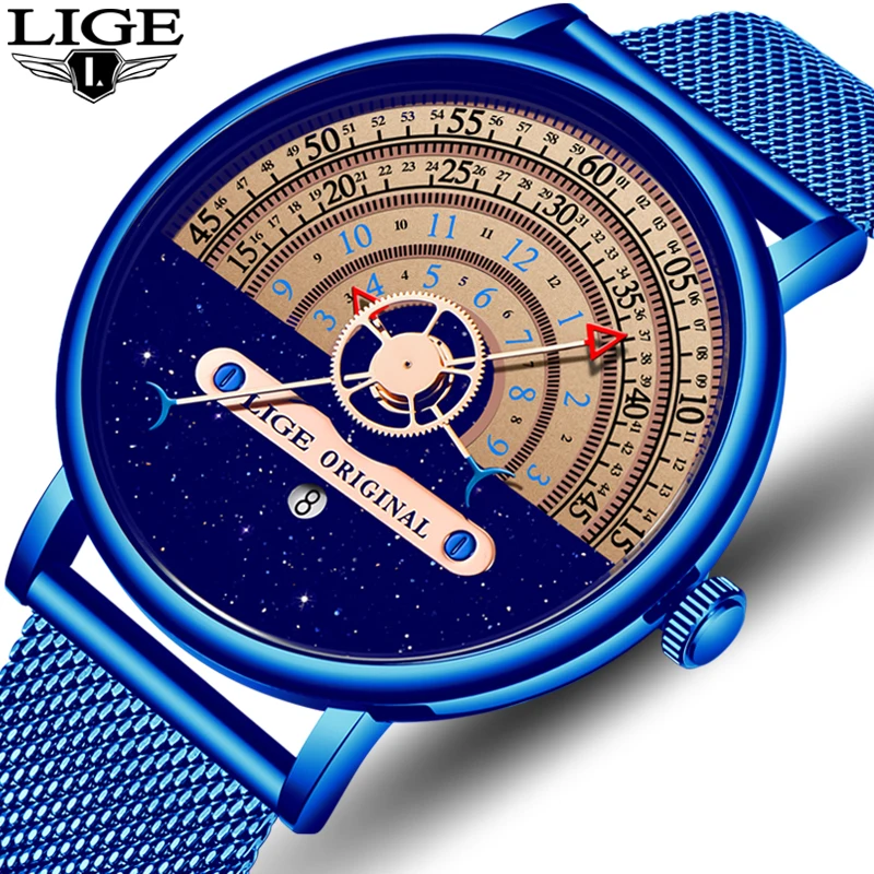 

Mens Watches LIGE Fashion Top Brand Luxury Ultra Thin Quartz Watch For Men Mesh Strap Waterproof Blue Watch Relogio Masculino