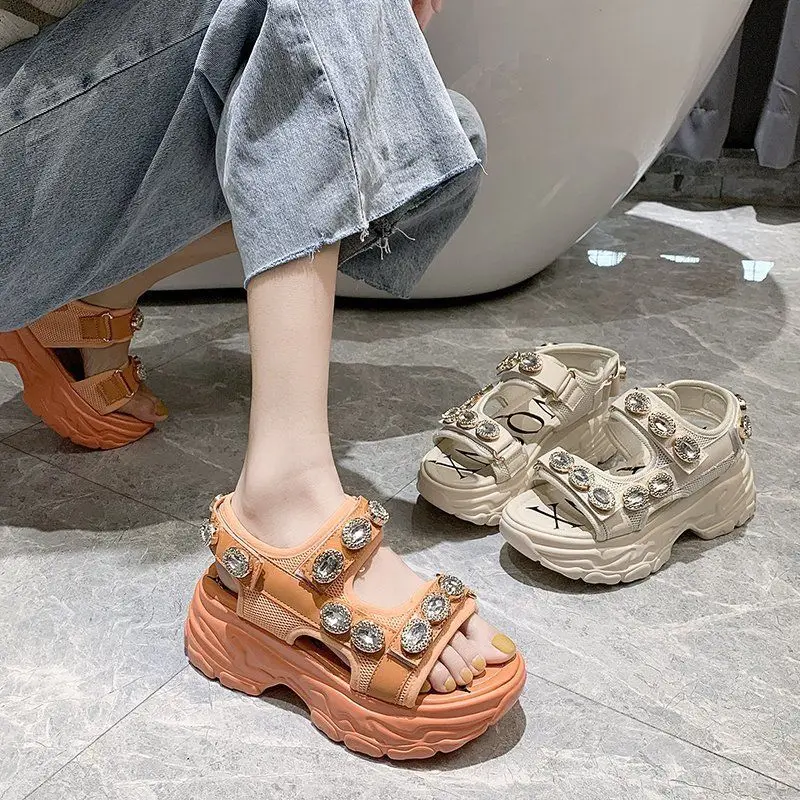 

Summer Rhinestone Candy Color Preppy Style Sandals Velcro Thick Bottom Versatile Student Sports Casual Shoes Muffin Sandals